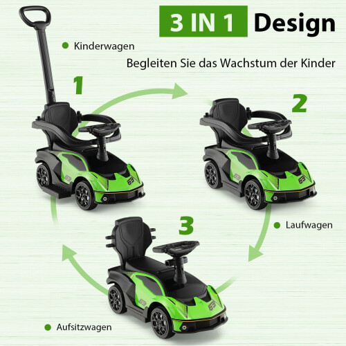 3-in-1 loopauto voor peuters met duwstang, groen 2