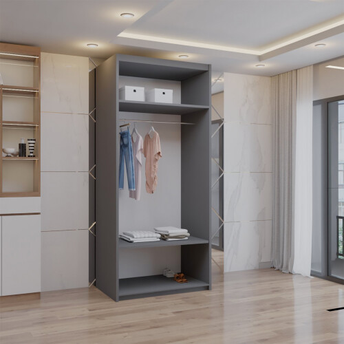 (Grey, 90cm) Double Mirror Sliding Door Wardrobe with Shelves 1