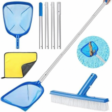 Kit de limpeza para piscina com 1 skimmer, cabo telescópico de 187 cm, rede de malha fina, coletor de folhas, escova e rede de fundo.