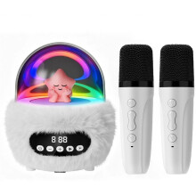 Portable Karaoke Speaker with 2 Microphones Cartoon Plush Clock Kids Small Speaker for Singing Party Home