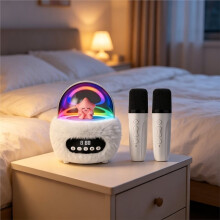 Portable  Karaoke Speaker with 2 Microphones Cartoon Plush Clock Kids Small Speaker for Singing Party Home