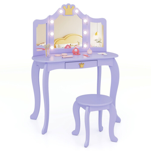 Kinderkaptafel met verlichting, drievoudige spiegel, paars 1