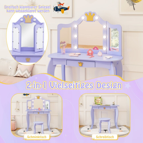 Kinderkaptafel met verlichting, drievoudige spiegel, paars 2