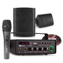 12V Powered Outdoor PA System with Mic, 2x 5.25" Black Speakers, Weatherproof