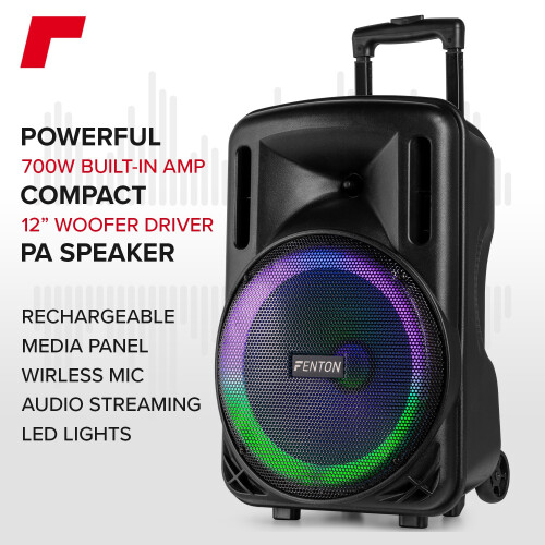 Fenton FT12LED MK2 Portable PA System 700W Wireless Microphone & Bluetooth 1