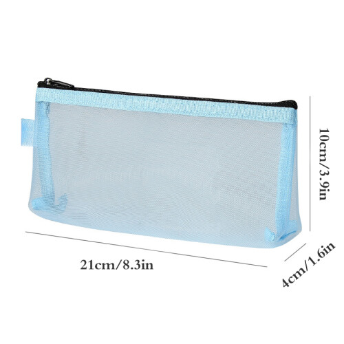 Étui à crayons en maille transparente, Portable avec fermeture éclair, Bleu