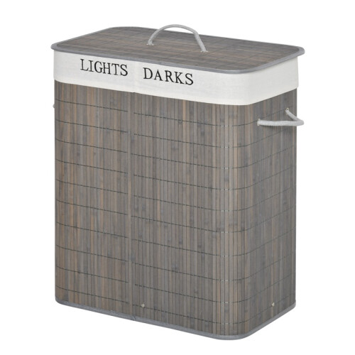 100L Laundry Basket with Lid String Handles, 2 Section Collapsible Hamper Removable Lining Foldable Water-Resistant Dirty Clothes Storage, Grey 1