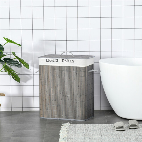 100L Laundry Basket with Lid String Handles, 2 Section Collapsible Hamper Removable Lining Foldable Water-Resistant Dirty Clothes Storage, Grey 2