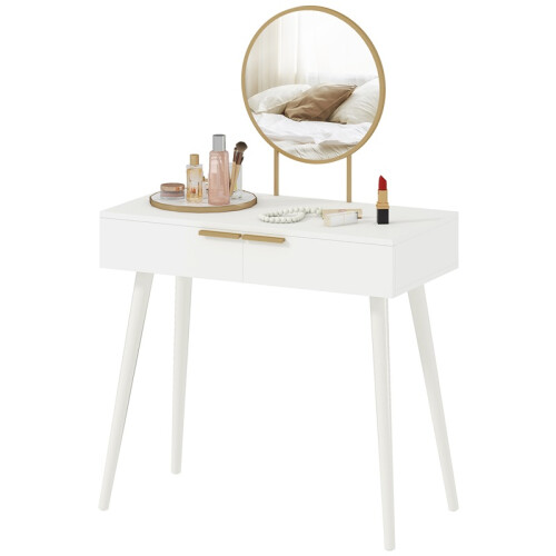 Elegant Dressing Table, with Round Mirror, 80 x 40 x 123 cm - White 1