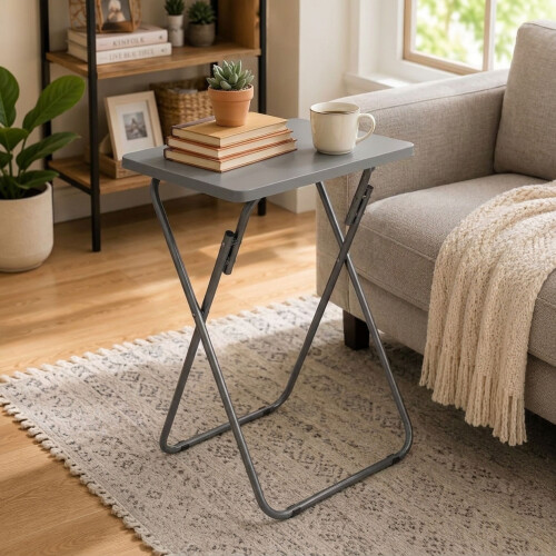 Grey Folding Gloss White TV Table MDF Top Side Dinner Laptop Tray Coffee Desk 1