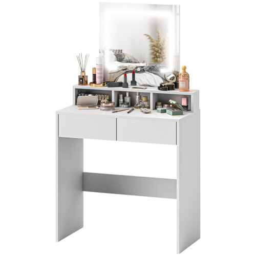 Storage Dressing Table, with LED Light Mirror - White 1