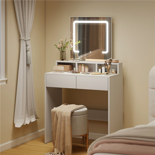 Storage Dressing Table, with LED Light Mirror - White 2