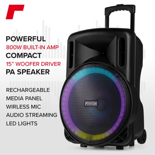 Fenton FT15LED MK2 Portable PA System - 800W Wireless Microphone & Lights 1