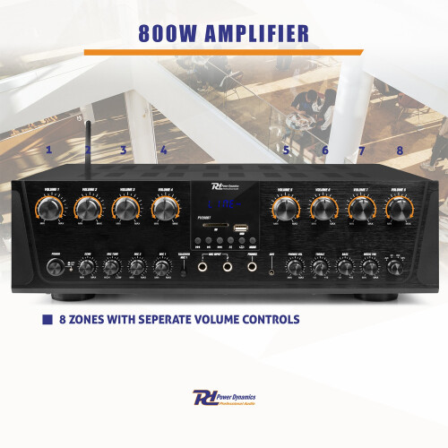 Power Dynamics PV280BT Multi Zone Audio Amplifier 8x100W Bluetooth USB FM 1
