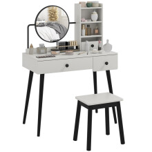 Dressing Table Set with Mirror and Stool, Vanity Makeup Table with 3 Drawers and Open Shelves for Bedroom, Living Room, Grey