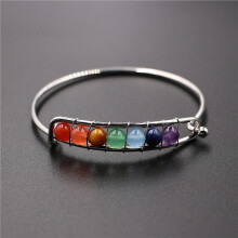 (Silver) 7 Natural Chakra Stone Bangle Adjustable Wire Wrapped Bead Crystal Bracelet