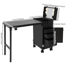 Valise de Maquillage Portable, Chariot de Cosmétiques Pliable avec 3 Tiroirs, Miroir et Haut-parleur, Noir