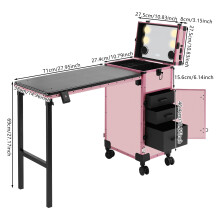 Mallette de maquillage portable avec roulettes, trolley cosmétique pliable à 3 tiroirs avec miroir et haut-parleur, Rose