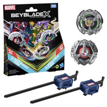 Beyblade X Miles Morales 1-60GN against Green Goblin 9-80HT, 2 Takara Tomy competition tops, 2 launchers, suitable for ages 8 and up.