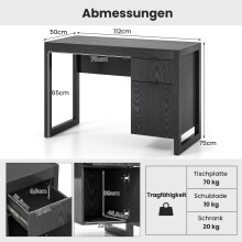 Zwart computerbureau met opbergkast, 112 cm