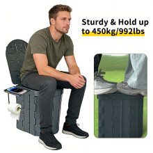 Toilettes de camping portables avec couvercle et porte-rouleau, pliable, supportant 450kg, pour extérieur et voyage