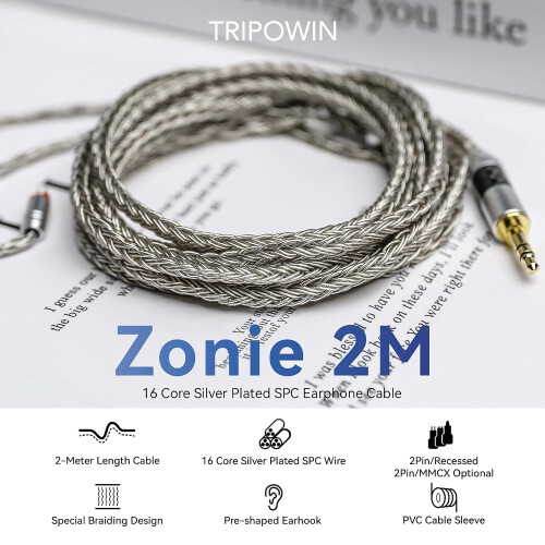 Linsoul Tripowin Zonie 2M IEM Cable 16 Core Silver Plated Earphone Wire 2Pin 1