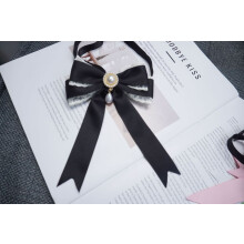 (BlackBackStrap)Girl Lace Bow Tie With Pearl Embellishments For Fashionable Accessories Winter