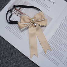 (KhakiBackStrap)Girl Lace Bow Tie With Pearl Embellishments For Fashionable Accessories Winter