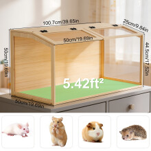 Cage pour hamster en bois naturel et verre trempé, avec lampe LED, anti-rongeur, 60x40x40 cm