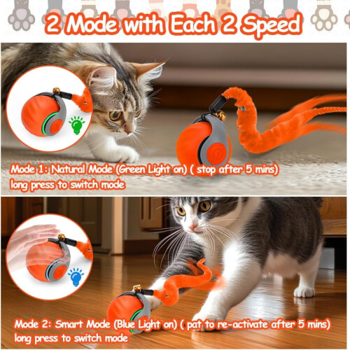 Interactive Cat Toy Ball with Feather Tail, Automatic Rolling Motion, Smart Indoor Enrichment for Cat Stimulation, Orang 1
