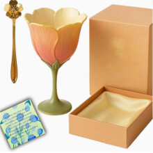 Verre à vin en céramique élégant en forme de tulipe, tasse à café à pétales de fleurs avec cuillère dorée, mug à thé floral de luxe pou