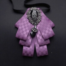 (CheckeredPurple)Mens Elegant Korean Suit Shirt Bow Tie Wedding Grooms Heartshaped Accessory Lapel
