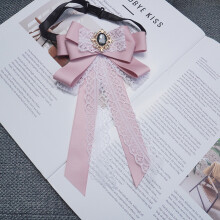(PinkLaceChestPin)Retro Lace Bow Tie Pin For Women With Adjustable Ribbon In Pink And Yellow For Wear Formal
