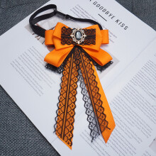(YellowLaceChestPin)Retro Lace Bow Tie Pin For Women With Adjustable Ribbon In Pink And Yellow For Wear Formal