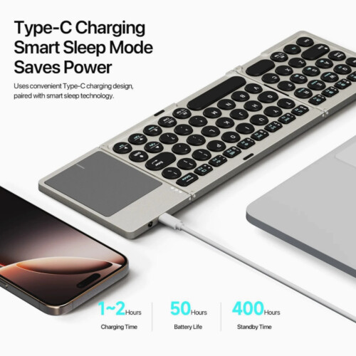 Foldable Bluetooth Keyboard with Touchpad, Tri-Device Wireless Keyboard with Magnetic Stand for Tablets and Smartphones 1