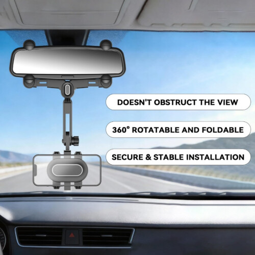 Car Phone Mount for Rear View Mirror, 360 Degree Rotatable Retractable Holder with Adjustable Grip 2