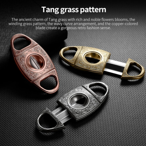 Silver Stainless Steel Cigar Cutter with Bronze Engraving, V-Cut Blade, Durable Precision Tool 1