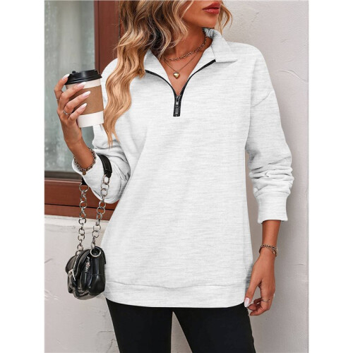 Womens Quarter Zip Mock Neck Drop Shoulder Long Sleeve Sweatshirt White M 2