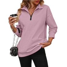 Sweat-Shirt à Col Montant Zippé Quart pour Femmes avec Épaules Tombantes et Manches Longues Rose Foncé XXL