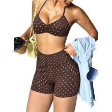 Women'S Polka-Dot Halter Top & High-Waist Shorts 2-Piece Outfit Set Brown Polka Dots M