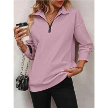 Sweat-Shirt à Col Montant Zippé Quart pour Femmes avec Épaules Tombantes et Manches Longues Rose Foncé S
