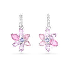 Silver Plated Pave CZ Huggie Earrings, Pink Flower & Purple CZ Center Chic Romantic Design 5658397