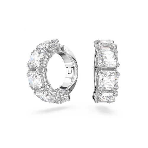 Silver Plated Rectangular Cut CZ Huggie Earrings, Chic Glam Design  5654557