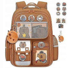 Mochila elegante de capibara con colgante y distintivo, para estudiantes de 6 a 15 años, ligera y resistente