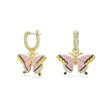 Gold Plated Pave CZ Huggie Earrings with Pink Butterfly Drop, Chic Whimsical Design 5670055