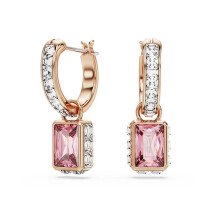 Rose Gold Plated Baguette CZ Huggie Earrings with Pink Drop, Chic Feminine Design SOE0036