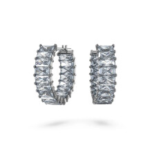 Silver Plated Double Row Baguette CZ Huggie Earrings, Chic Glam Design  5658650