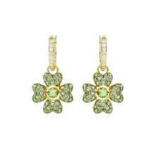 Gold Plated Pave CZ Huggie Earrings with Green Four-Leaf Clover Drop, Chic Lucky Design 5670664