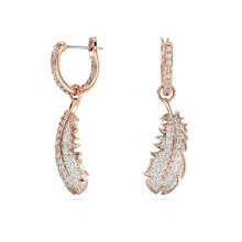 Rose Gold Plated Pave CZ Huggie Earrings with Feather Drop, Chic Boho Design 5663486
