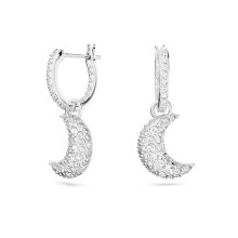 Silver Plated Pave CZ Huggie Earrings with Moon Drop, Chic Celestial Design 5666157
